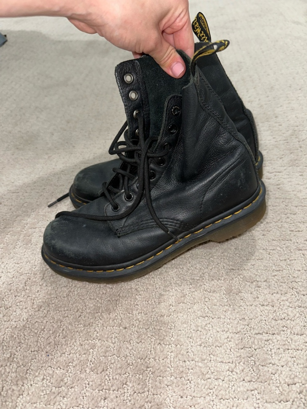 Dr. Martens Black Leather 8-Eye Lace-Up Boot with Yellow Stitching - Picture 4 of 8